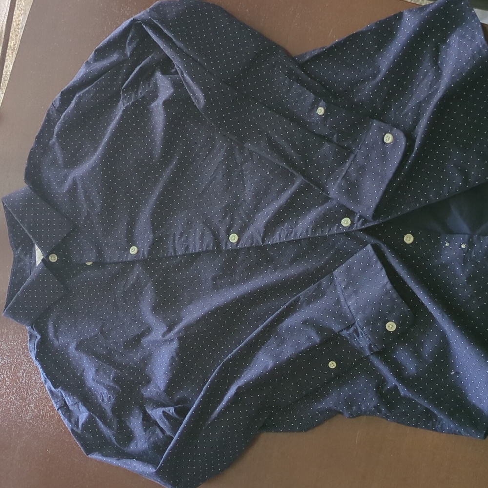 Navy polka dot button down